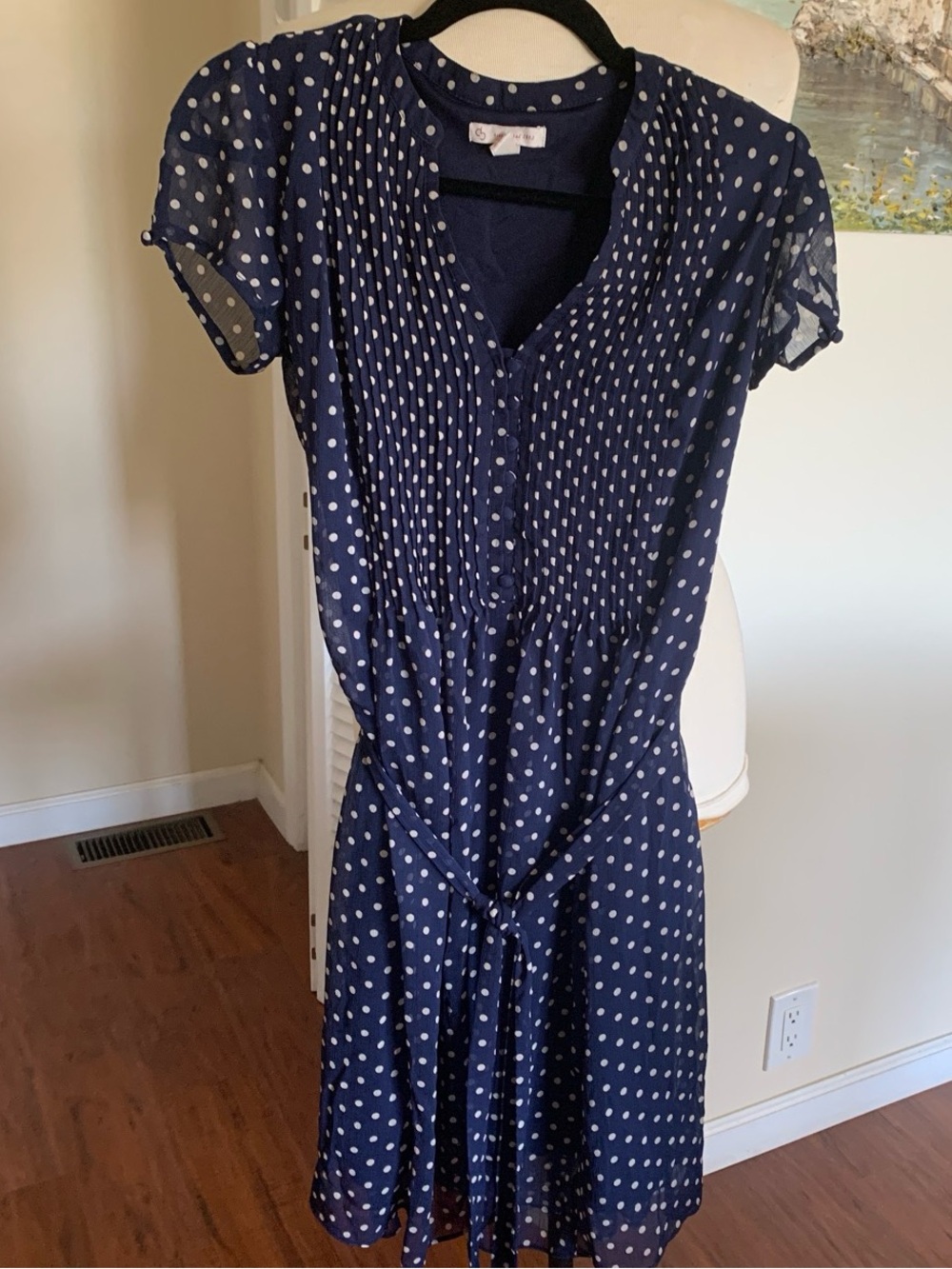 Pretty navy with white polkadot dress pleated yolk with covered buttons